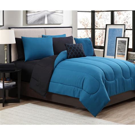 Geneva Home Fashion Solid 9-Piece Teal/ Black Queen Bed in a Bag ...