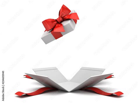 Open gift box or present box with red ribbon bow isolated on white background with shadow 3D ...