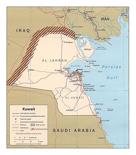 Detailed political map of Kuwait with Kuwait-Iraq barrier | Kuwait ...