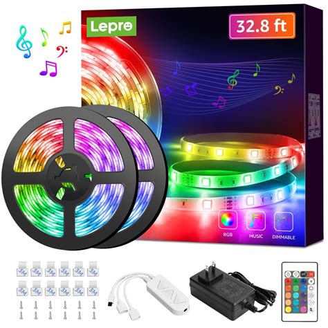 Lepro 32.8ft LED Lights for Bedroom,Sync to Music, 5050 SMD LEDs ,RGB Color Changing + 6500K ...