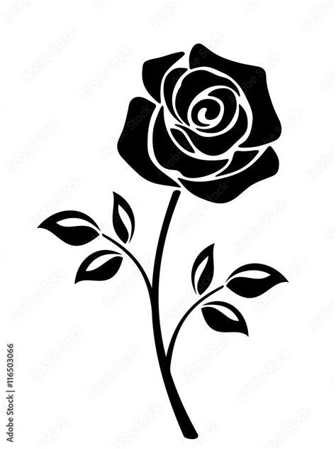 Vector black silhouette of a rose flower with stem isolated on a white background. Stock ベクター ...