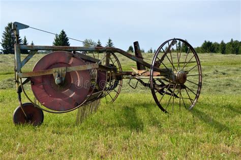 Old Hay Tedder Machine on a Meadow Stock Photo - Image of farming ...