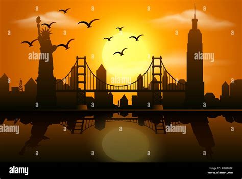 Silhouette scene with buildings in the city at sunset illustration ...