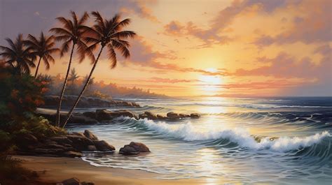 Premium AI Image | a sunset over the ocean with palm trees and rocks.