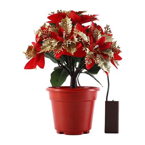 CASAFUN Lighted Poinsettia Flowers Artificial Poinsettias Plants in Pot Silk Fake Poinsettias ...