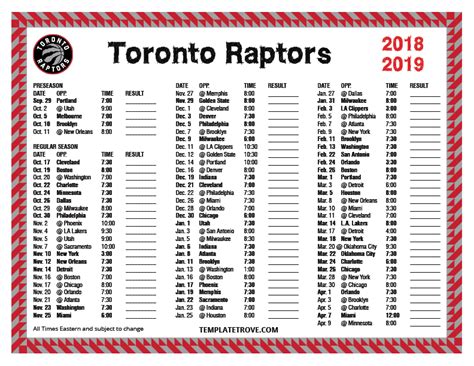 Printable 2018-2019 Toronto Raptors Schedule