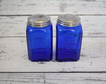 Vintage Cobalt Blue Glass Salt & Pepper Shaker Set Bottle With Metal Lids Embossed Raised ...