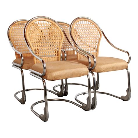 Mid Century Modern Italian Chrome & Woven Rattan Wicker Dining Chairs - Set of 4 | Chairish