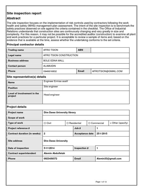 Site inspection report | PDF | Occupational Safety And Health | Safety