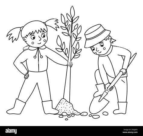 Vector black and white children planting tree illustration. Cute outline kids doing garden work ...