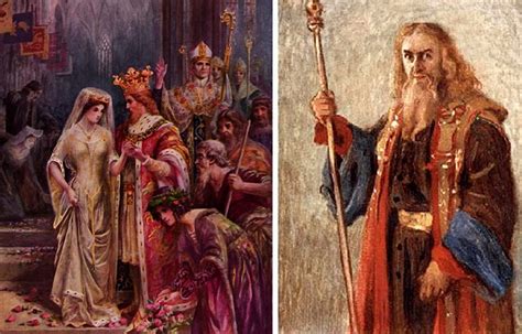 Left: The marriage of Arthur and Guinevere. Right: Merlin, the famous ...