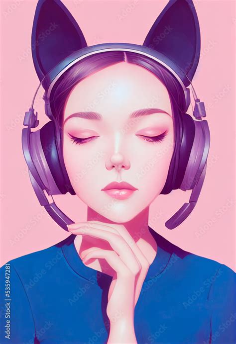 Cute girl with cat ear headphones. Beautiful streamer illustration ...