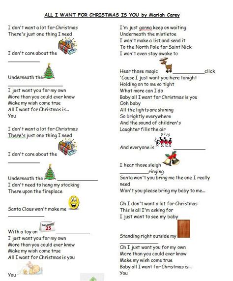 Song Worksheet: All I Want For Christmas by Mariah Carey [WITH VIDEO] | Christmas songs lyrics ...