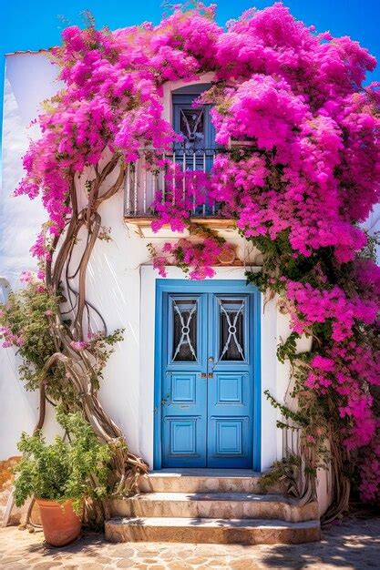 Premium AI Image | Generative AI illustration of blue door of rustic house with bougainvillea at ...