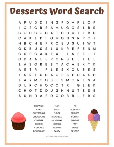 Desserts Word Search - Free Printable Worksheet