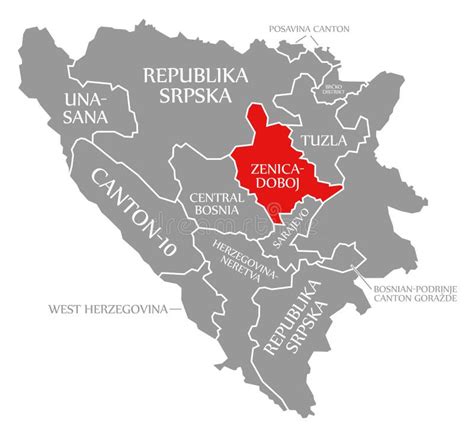 Zenica Doboj Red Highlighted in Map of Bosnia and Herzegovina Stock Illustration - Illustration ...