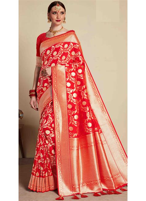 Buy Art Banarasi Silk Red Designer Traditional Saree Online