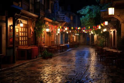 Premium AI Image | a cobblestone street at night