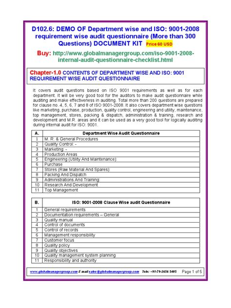 ISO 9001 2008 Audit Questionnaire Checklist | Iso 9000 | Quality Management System