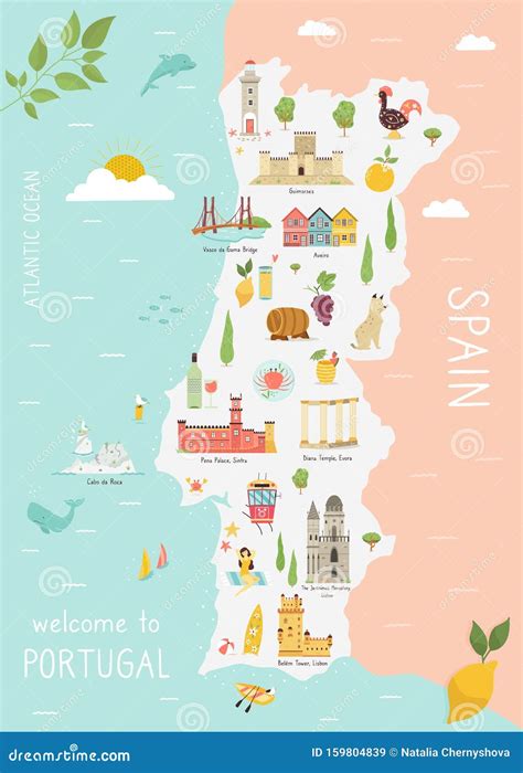 Illustrated Map of Portugal with Icons, Cities Stock Vector ...