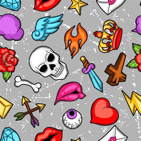 Seamless Pattern with Retro Tattoo Symbols. Cartoon Old School ...