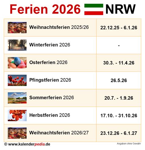 Ferien Nordrhein-Westfalen (NRW) 2026 - Übersicht der Ferientermine