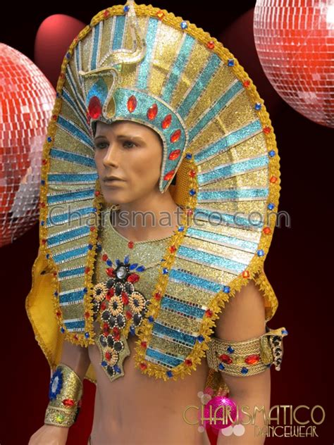 Sky Blue Accented Golden Egyptian Pharaoh Headdress With Ruby Crystals