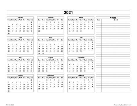 Calendar 2021 Excel Templates, Printable PDFs & Images - ExcelDataPro