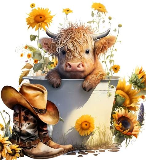 a painting of a cow with sunflowers and cowboy boots on it's head