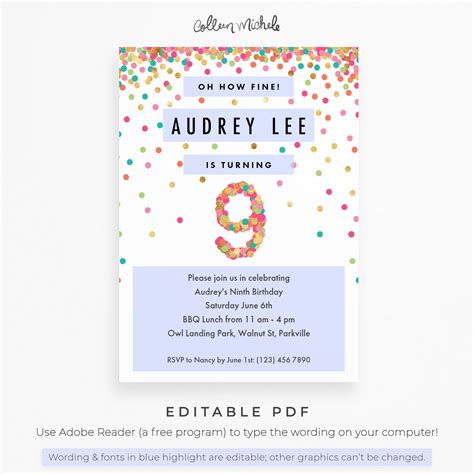 Templates Paper & Party Supplies 9th Birthday Invite Simple Blue ...