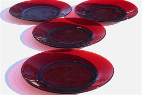 vintage Christmas red glass dinner plates, Royal Ruby or Arcoroc