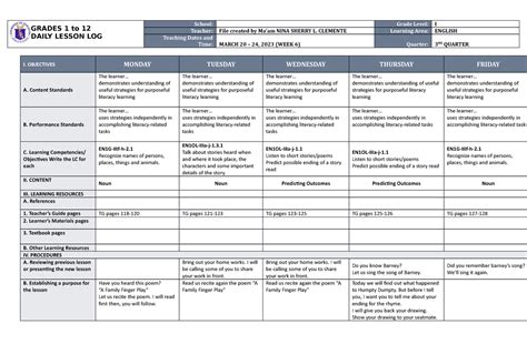 DLL English 1 Q3 W6 - GRADES 1 to 12 DAILY LESSON LOG School: Grade Level: I Teacher: File ...