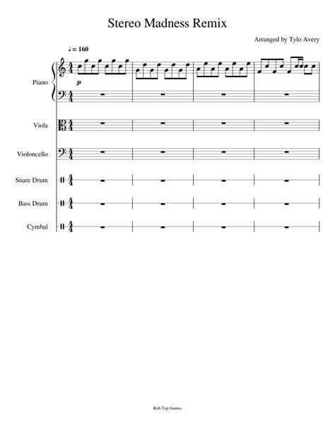 Stereo Madness Remix Sheet music for Piano, Cello, Viola, Snare Drum ...