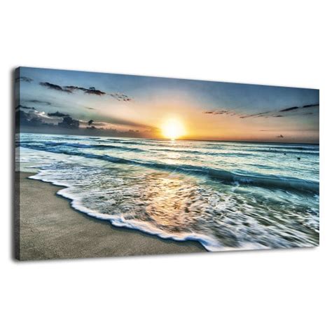 Canvas Art Wall Decor Sunset Beach Blue Waves Ocean Art Large Modern Artwork Canvas Prints ...