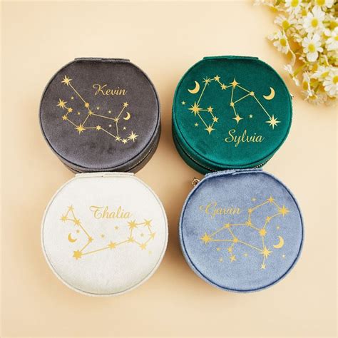 Zodiac Sign Round Velvet Jewellery Box,star Sign Name Jewellery Case,travel,vacation,birthday ...