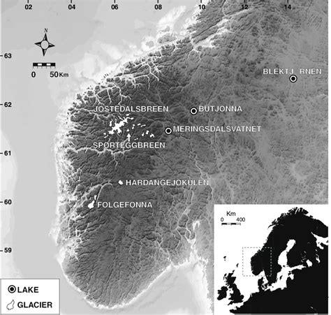 Map of Southern Norway, showing the locations of glaciers and lakes ...