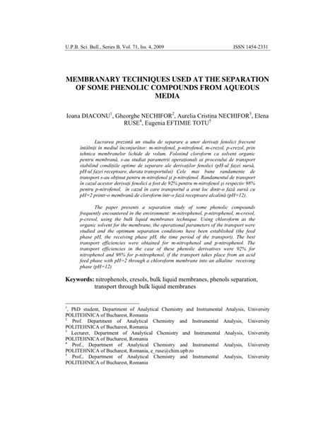 (PDF) MEMBRANARY TECHNIQUES USED AT THE SEPARATION OF SOME PHENOLIC COMPOUNDS FROM AQUEOUS MEDIA