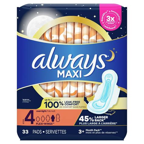 Always Maxi Overnight Pads with Wings Unscented, Size 4, 33 Count ...