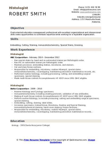 Histologist Resume Samples | QwikResume