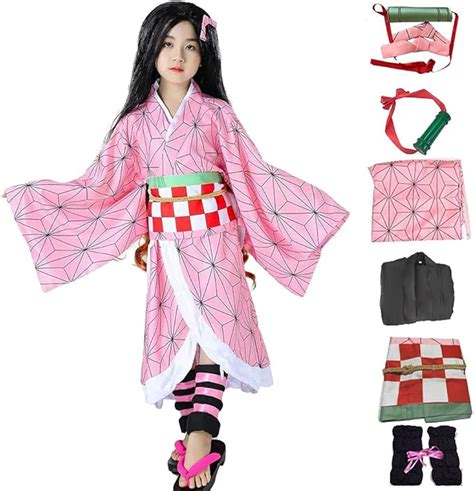 Fallinoce Demon Slayer Cosplay Costumes Kamado Nezuko Kids Anime Kimono Hallowee Cloak with ...