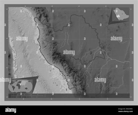 Makkah al Mukarramah, region of Saudi Arabia. Grayscale elevation map with lakes and rivers ...