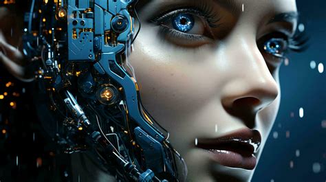 Connection of human woman and artificial intelligence robot. The concept of merging a person and ...