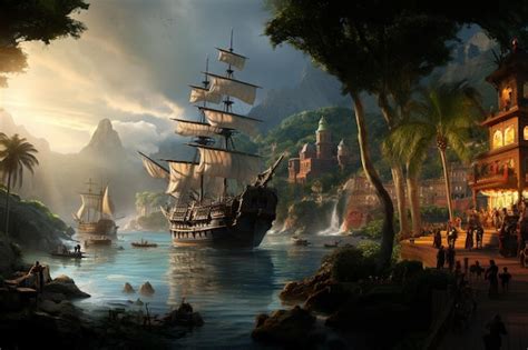 Premium Photo | Pirates of the caribbean ships in a tropical cove with ...