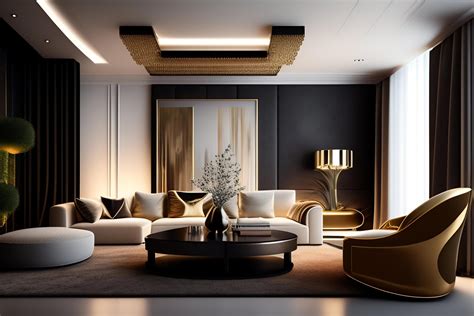 Interior of modern living room with black and gold walls, wooden floor, golden armchairs and ...