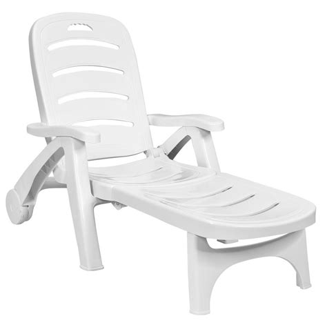 Costway Outdoor White Plastic Folding Chaise Lounge Chair 5-Position Adjustable Rolling Recliner ...