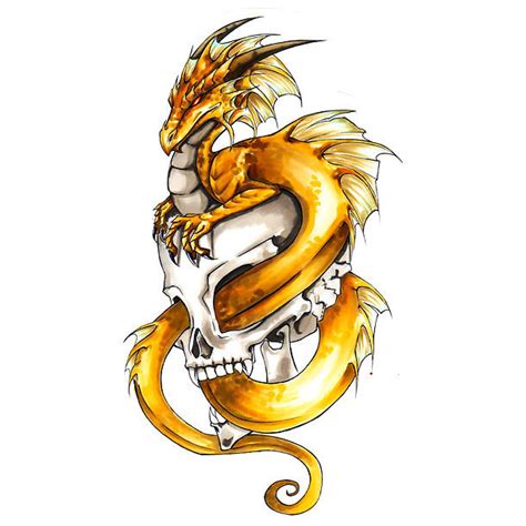 Yellow Dragon In Skull Tattoo Design