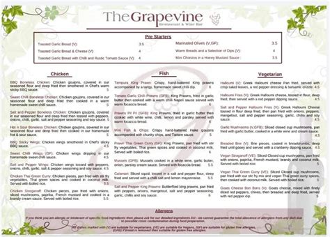 Menu at The Grapevine Restaurant, Southport