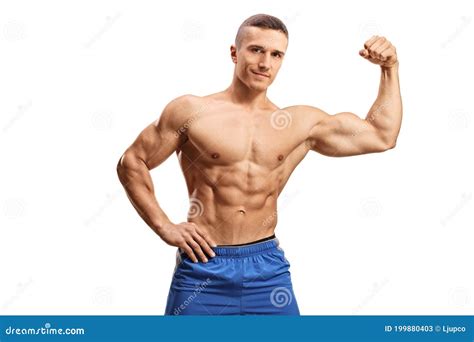 Strong Muscular Guy Flexing Bicep Muscle Topless and Looking at Camera Stock Image - Image of ...