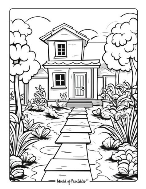 a coloring page with a house in the background