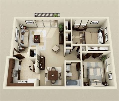 50 Plans 3D d'appartement avec 2 chambres | Plan maison 2 chambres ...